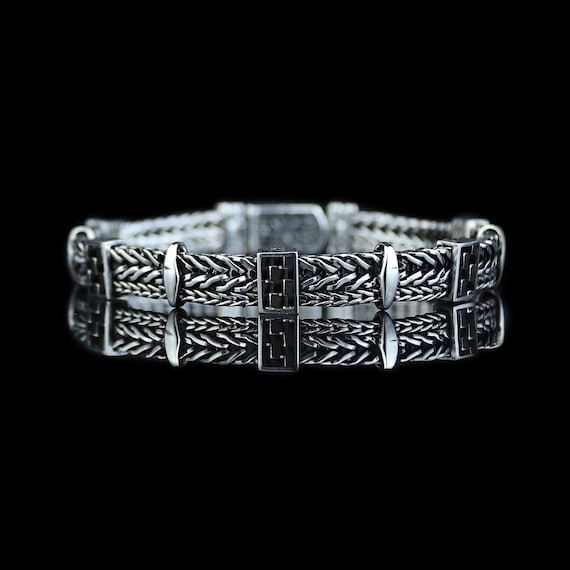 925 Sterling Silver Onyx Chain Bracelet, Onyx Stone Foxtail Chain