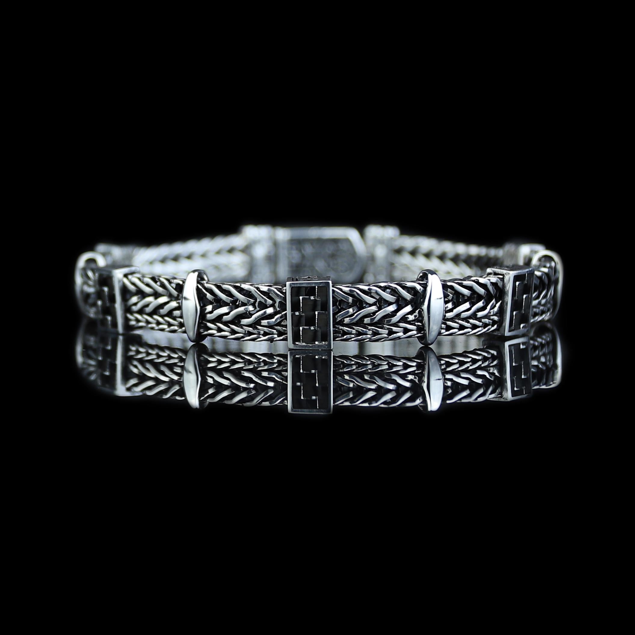 925 Sterling Silver Onyx Chain Bracelet, Onyx Stone Foxtail Chain