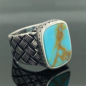 Man Handmade Ring , Natural Turquoise Stone Ring , Turkısh Handmade ottoman Style  Ring , 925k Sterling Silver Ring , Gift For Him