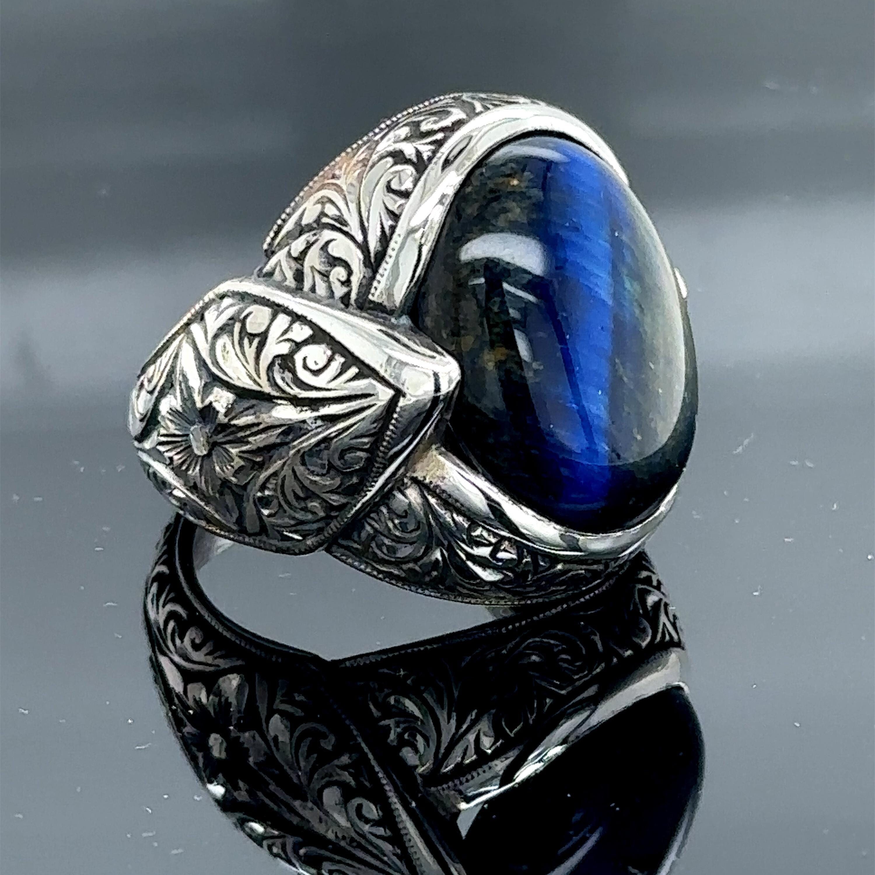 Japanese Tiger & Dragon 925 Sterling Silver Ring – Men's, Sapphire Blue Stone, Handmade Thailand