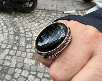 Anel grande de ônix preto, anel masculino feito à mão, anel masculino de prata esterlina, joia otomana, anel masculino vintage, presente para o dia dos pais