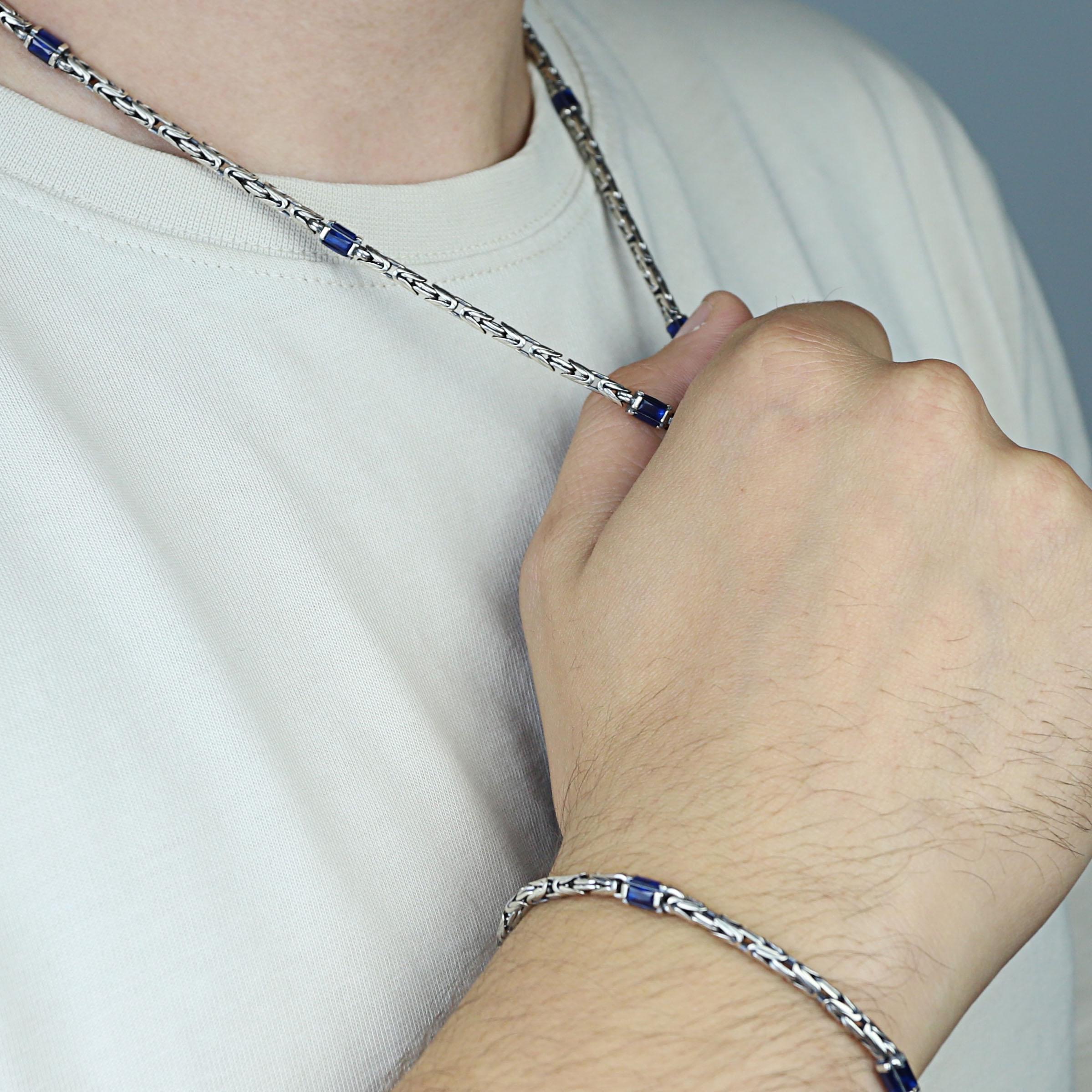 Silver Sapphire Gemstone Byzantine Chain Set, Round King Chain Bracelet, 5MM King Chain Necklace, Mens Silver Bali Chain, Anniversary Gift