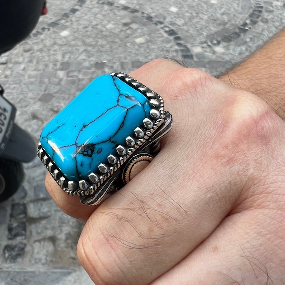 シルバーターコイズストーンリング、男性用ラージターコイズ 
