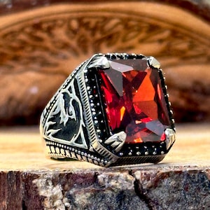 Men Ruby Stone Ring , Eagle Model Men Ring, Men Red Stone Ring , Ottoman Style Handmade Ring , 925k Sterling Silver Ring , Gift For Him
