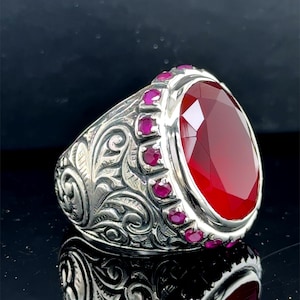 Men Silver Engraved Ruby Stone Ring, Red Stone Men Ring, Ottoman Style Vintage Ring, Men Jewelry Gift For Men, Father Day Gift, Husband Gift