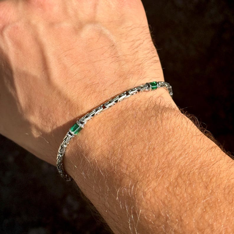 925 Silver Emerald Stone King Chain Bracelet, Gemstone Byzantine 5MM ...