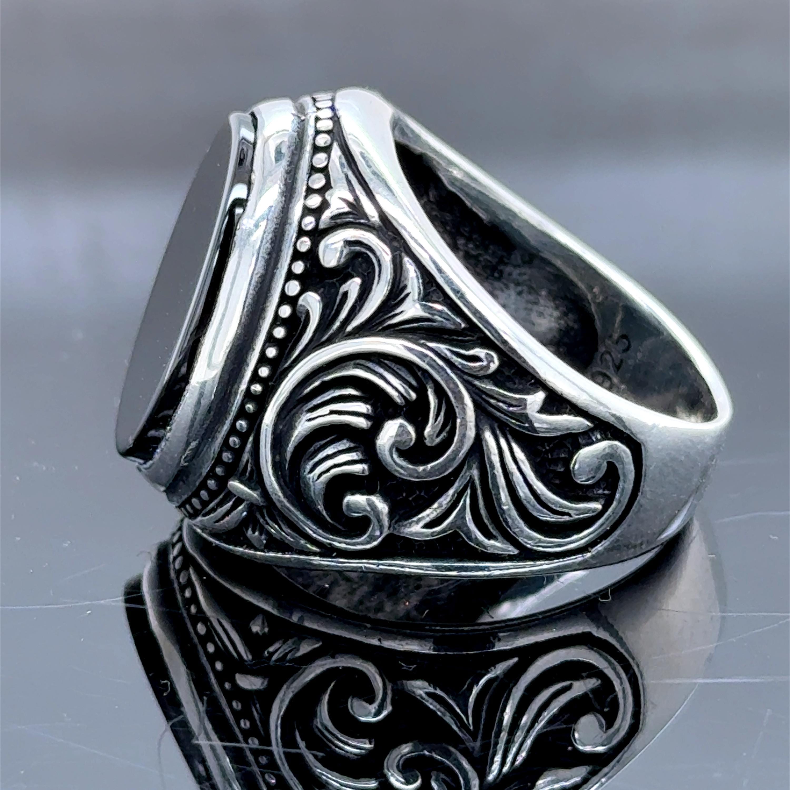 Men Silver Black Onyx Ring, Oval Engraved Onyx Ring, Handmade Men