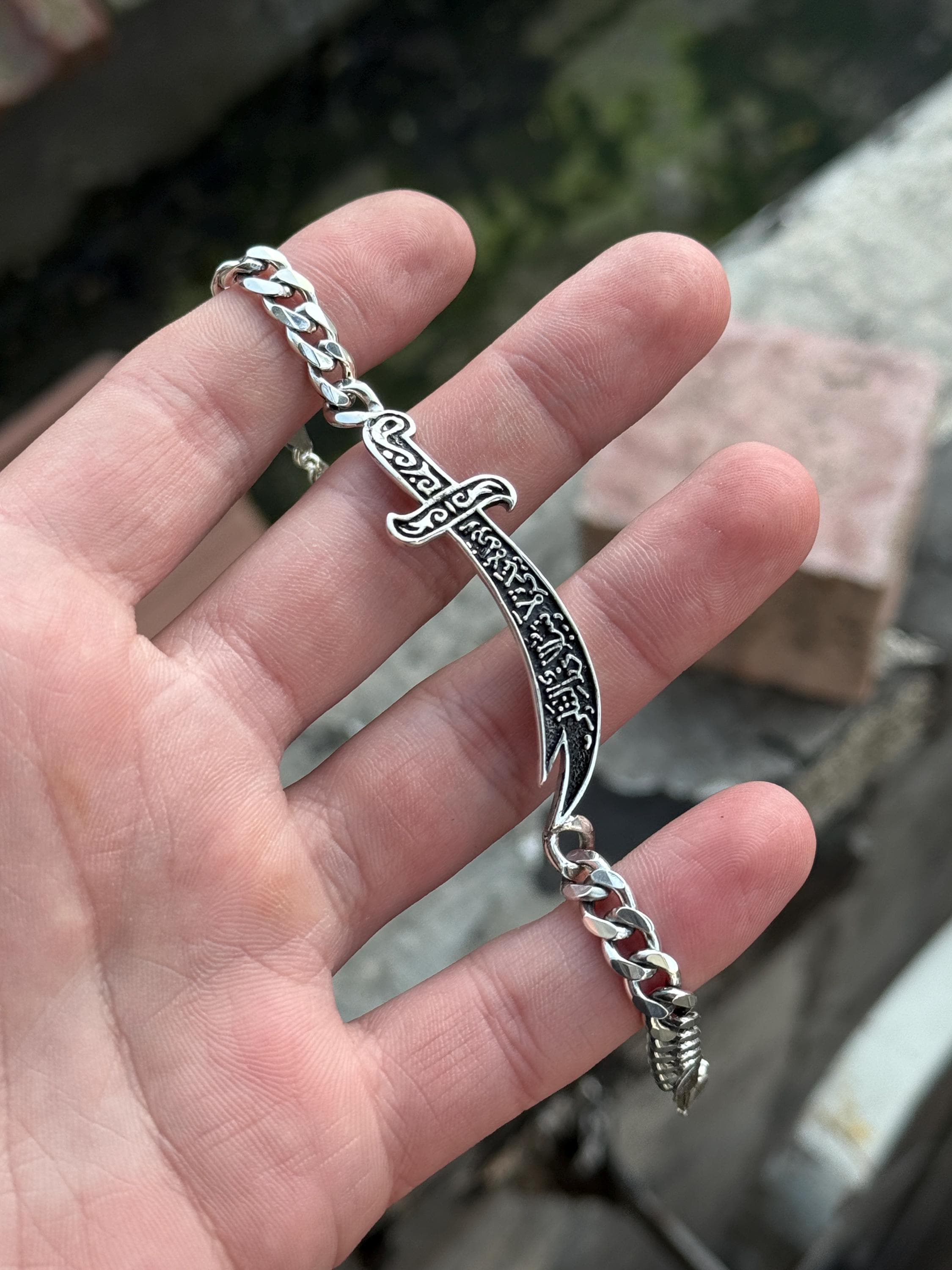 Silver Zulfiqar Chain Bracelet, Silver Sword Bracelet, Engraved