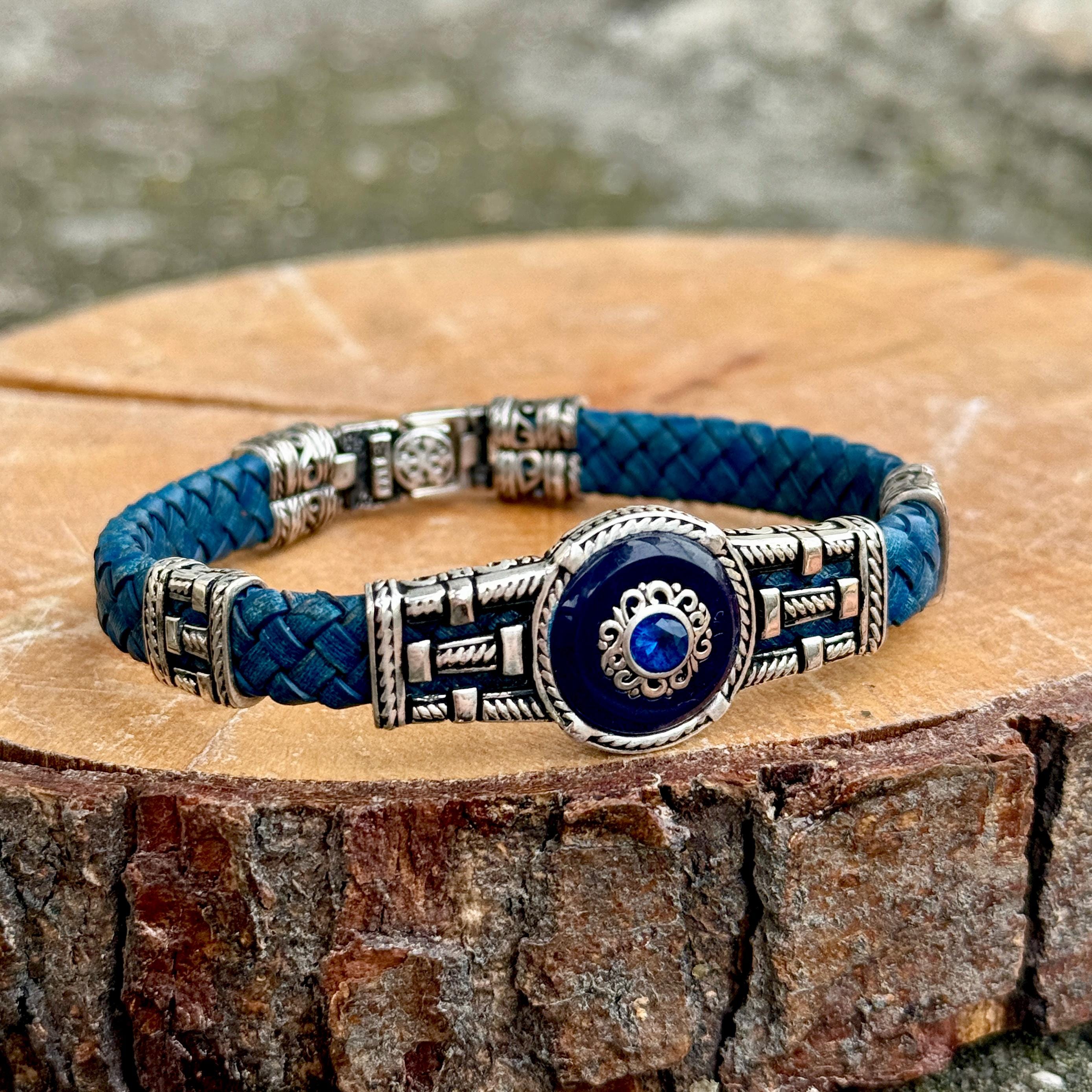 Silver Handmade Leather Bracelet, Leather Evil Eye Bracelet, Blue