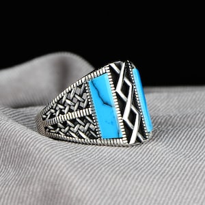 Men Handmade Ring ,  Silver Turquoise Stone Ring , Patterned Men&#39;s Ring , Handcrafted Ottoman Men Ring ,Turkish handmade Ring , Gift For Him