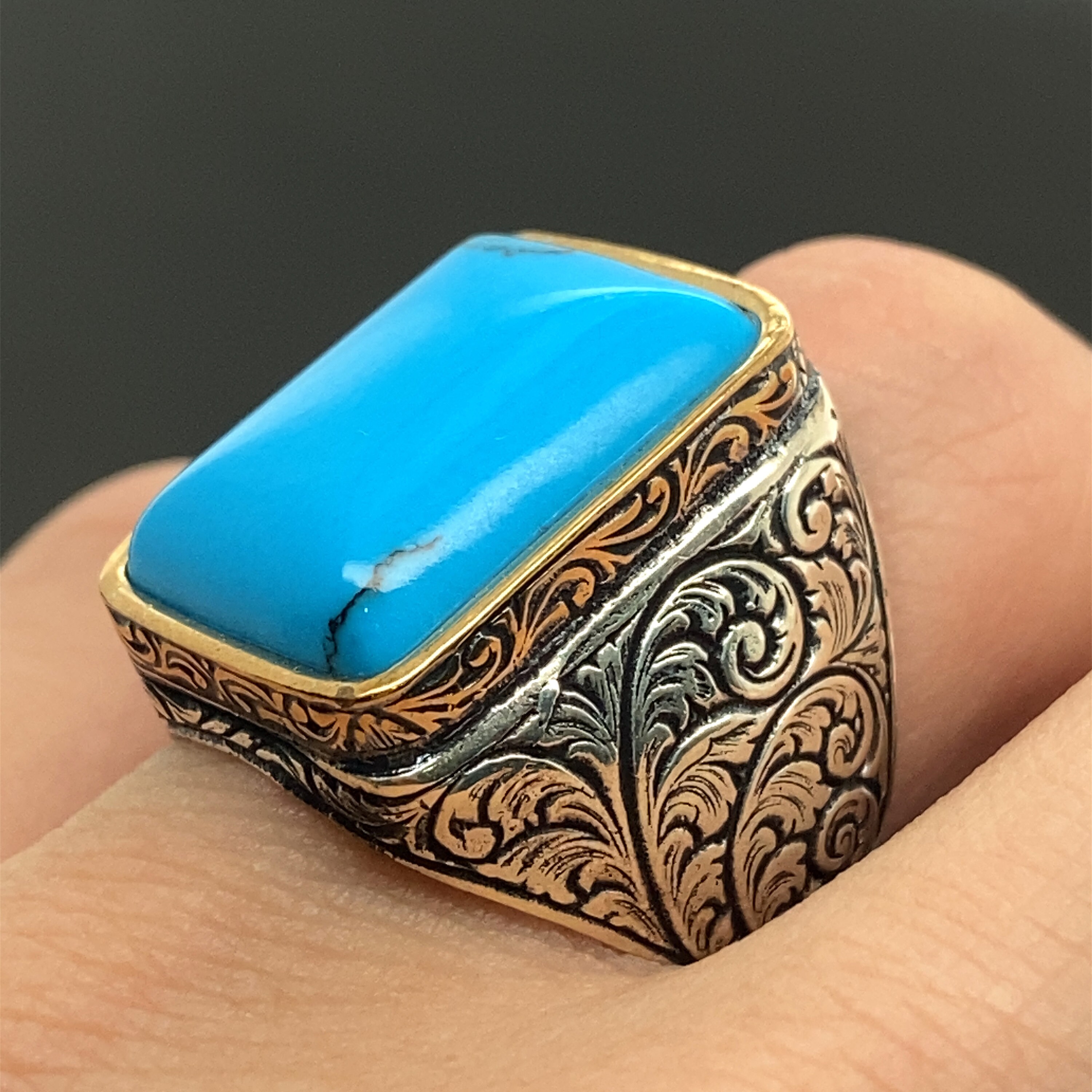 Man Sterling Silver Ring , Turquoise Stone Ring , Natural Stone ...