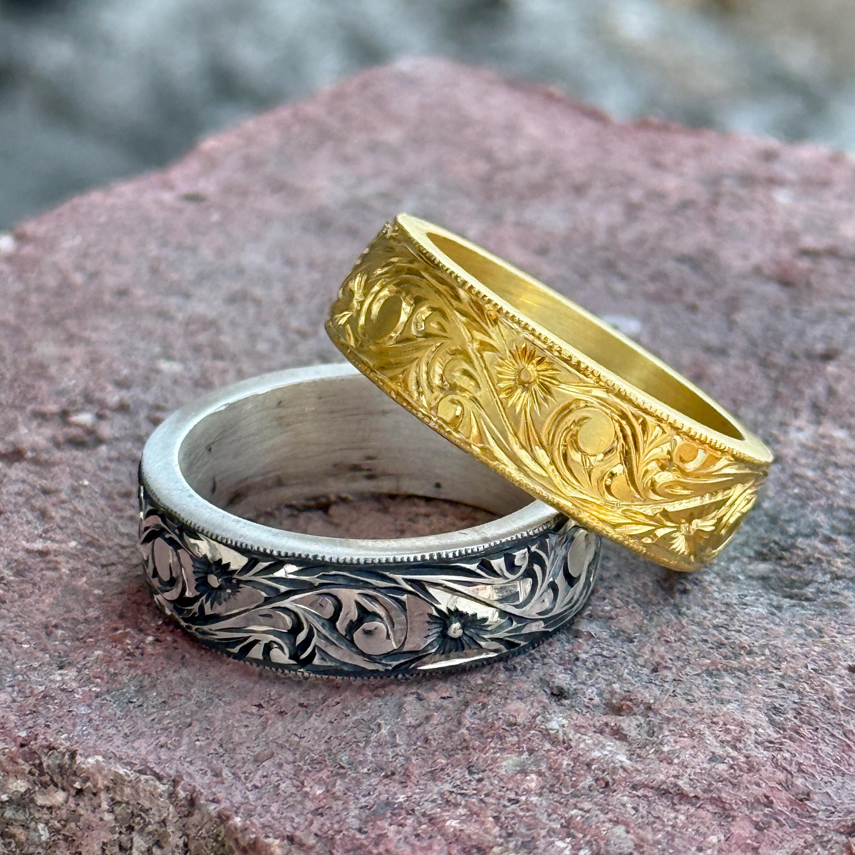 CLASSIC ENGRAVED RING-SILVER925-クラシックリング Vintage Engraved Silver Wedding Band, Unique Floral Wedding Band