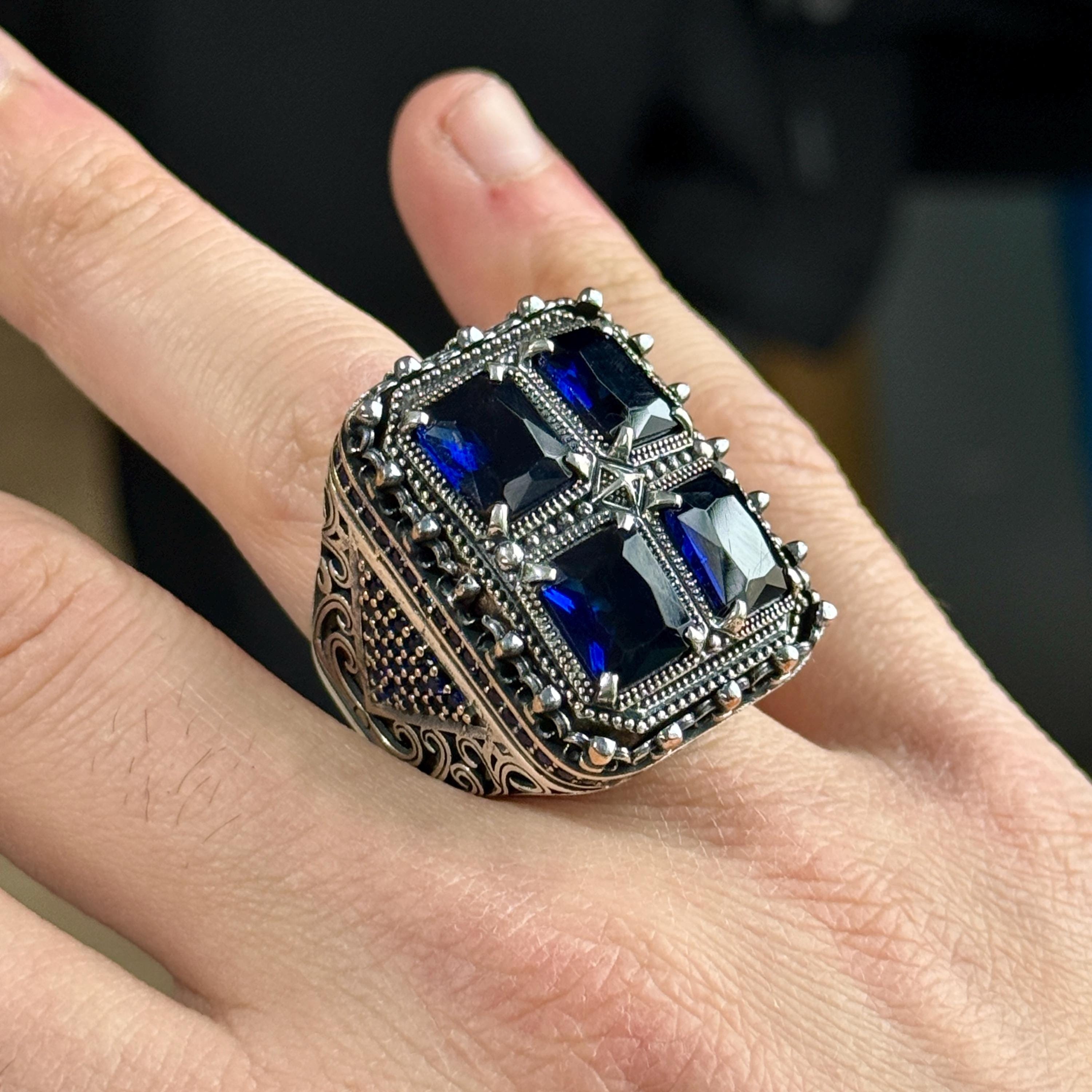 Men Handmade Sapphire Gemstone Ring, Vintage Blue Gemstone Men