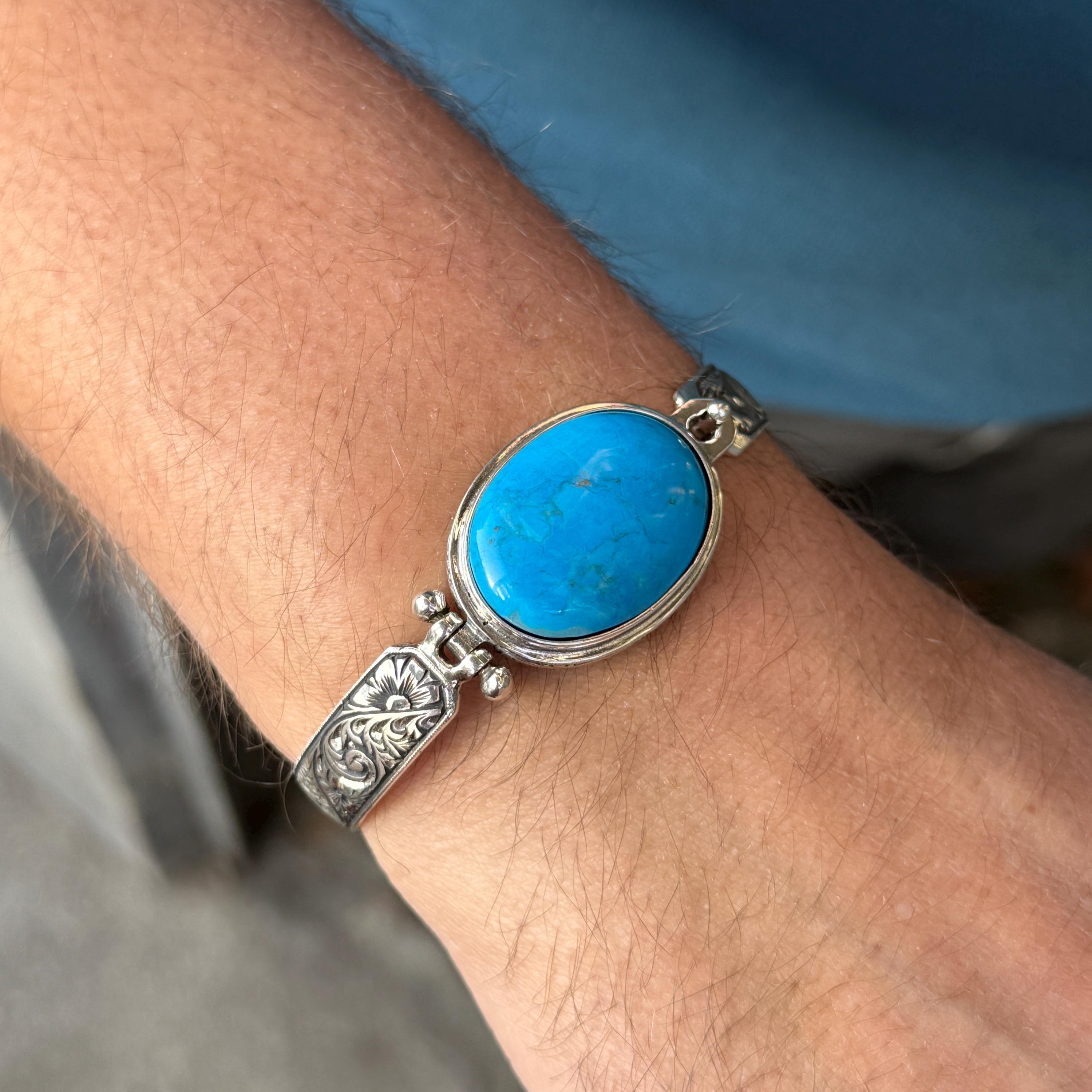 シルバーターコイズカフブレスレット、ハンドメイド刻印入り