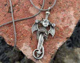 Silver Diamond Stone Dragon Necklace, Moissanite Dragon Necklace, Silver Warrior Jewelry, Silver Sword Necklace, 925k Silver, Unisex Gift