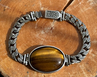 Silver Thick Curb Chain Bracelet , Natural Large Tiger Eye Stone Bracelet , Silver Heavy Chain , Father Gift , Man Bracelet 925k Silver
