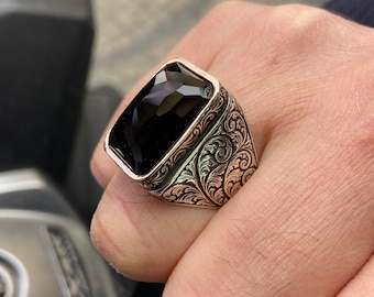 Men Handmade Ring , Black Stone Ring , Onyx Stone Ring , Ottoman Style Embroidered Ring , 925k Sterling Silver Ring , Gift For Him
