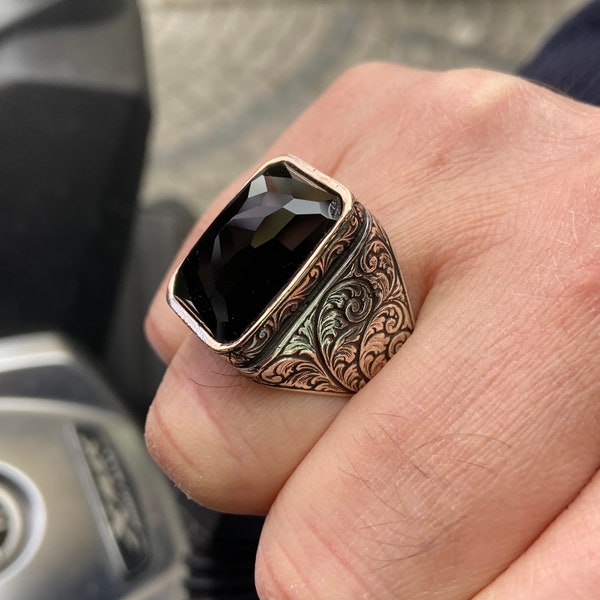 Men Handmade Ring , Black Stone Ring , Onyx Stone Ring , Ottoman Style Embroidered Ring , 925k Sterling Silver Ring , Gift For Him