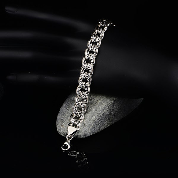 Pulsera de cadena gourmet hecha a mano de plata esterlina, pulsera de enlace cubano, pulsera de plata en la acera, pulsera de óxido para hombres, pulsera de plata de 925k