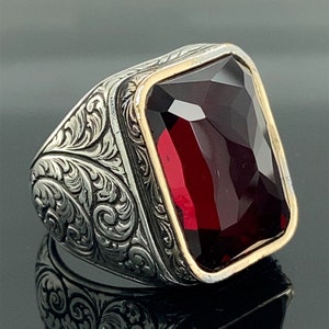 Ruby Stone Ring , Man Handmade Silver Ring , Ruby Red Stone Ring , Engraved Silver Ring , Ottoman Style Ring , 925k Sterling Silver Ring