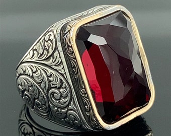 Ruby Stone Ring , Man Handmade Silver Ring , Ruby Red Stone Ring , Engraved Silver Ring , Ottoman Style Ring , 925k Sterling Silver Ring