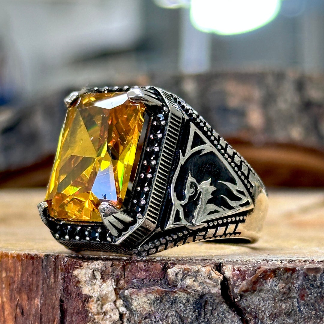 Bague homme en pierre de citrine jaune, bague homme carrée, bague