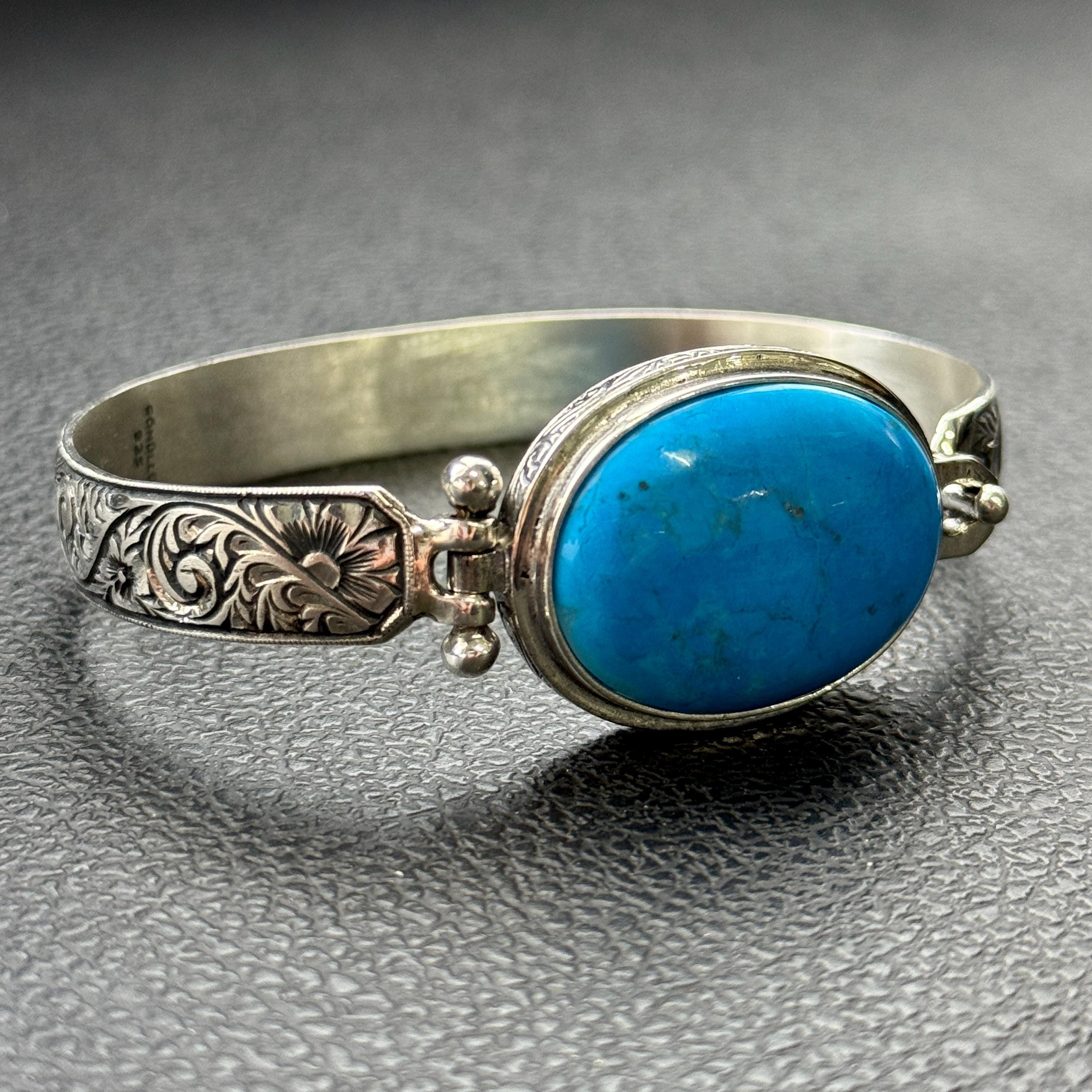 シルバーターコイズカフブレスレット、ハンドメイド刻印入りメンズ