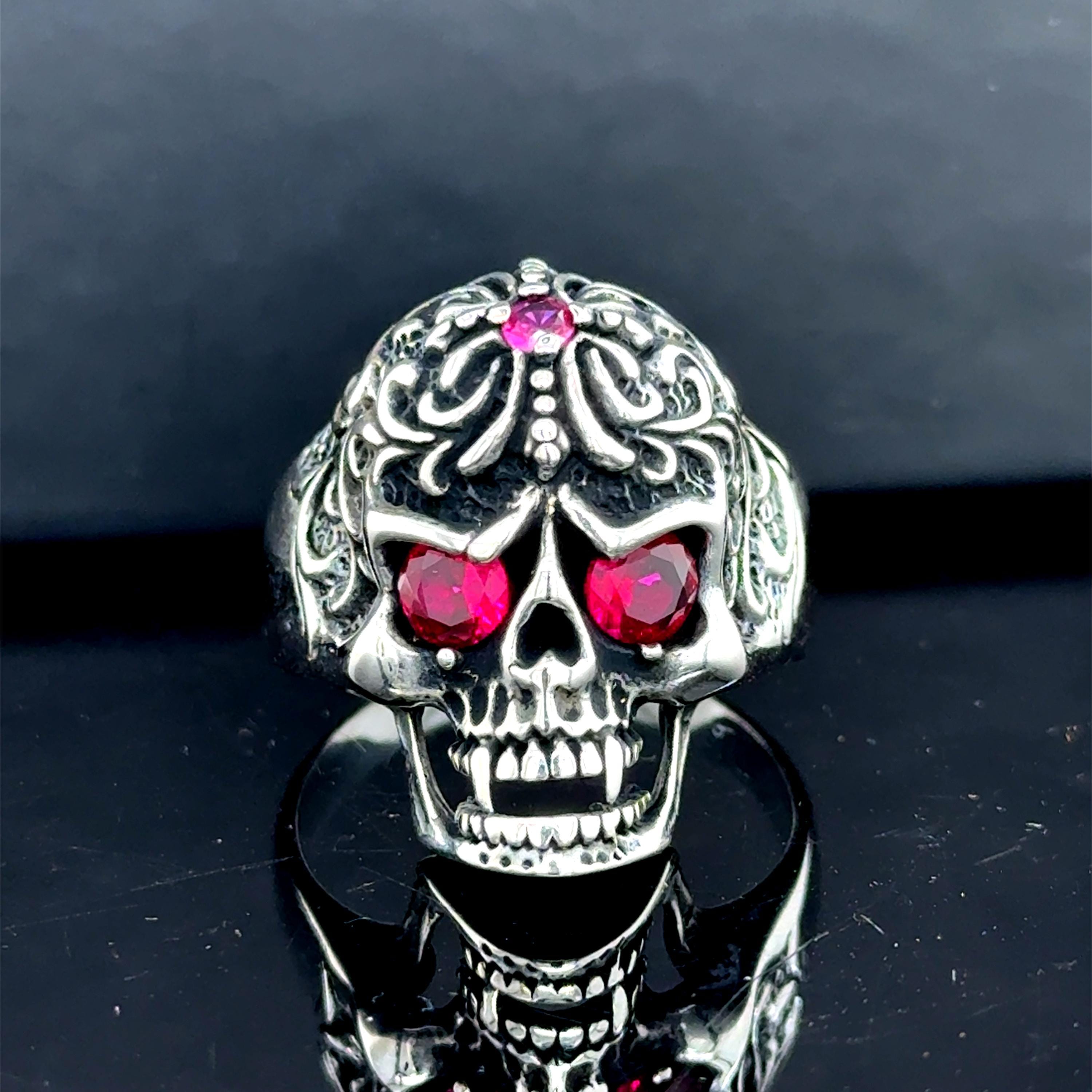 925 Sterling Silver Skull Ring, Ruby Eyes Skull Head Ring, Biker 