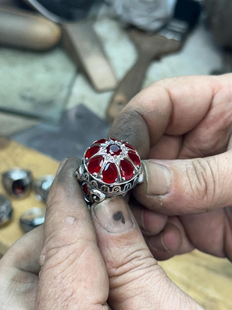 Men Handmade Ruby Stone Ring, Engraved Unique Men Red Gemstone Ring