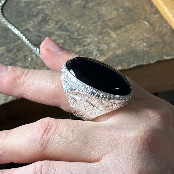 Large Onyx Ring, Men Silver Natural Large Black Onyx Ring , Men