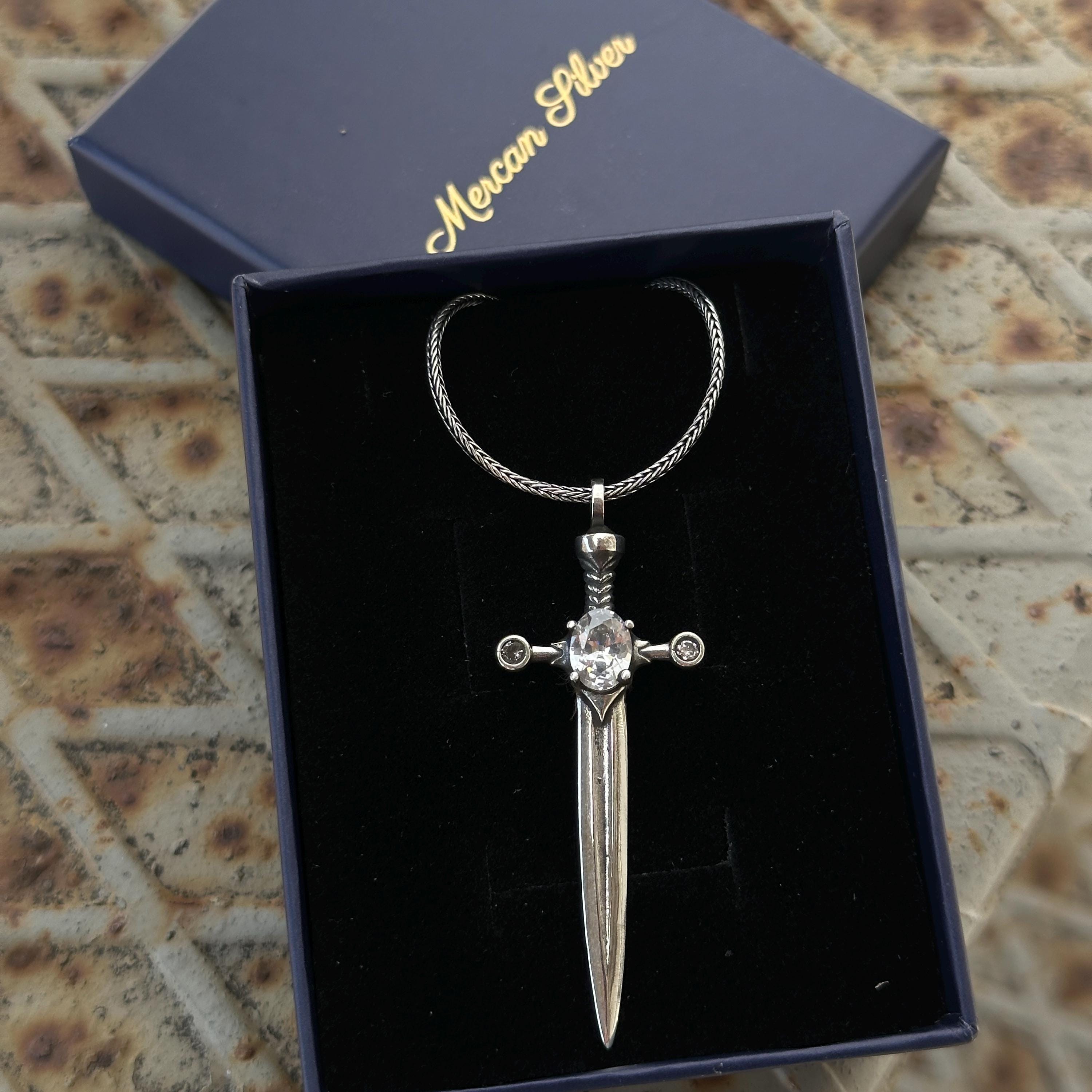 Silver Sword Pendant , White Moissanite Stone Sword Necklace