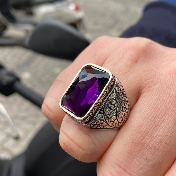 Mens Handmade Ring , Amethyst Men's Ring , Mens Handmade Ring, Turkish Handmade Silver Men Ring, 925k Sterling Silver Ring , Gift For Him