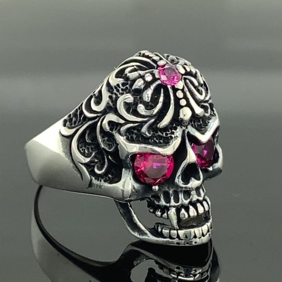 Attraente Argento Sterling 925 Anello Teschio - Misura X - Motociclista