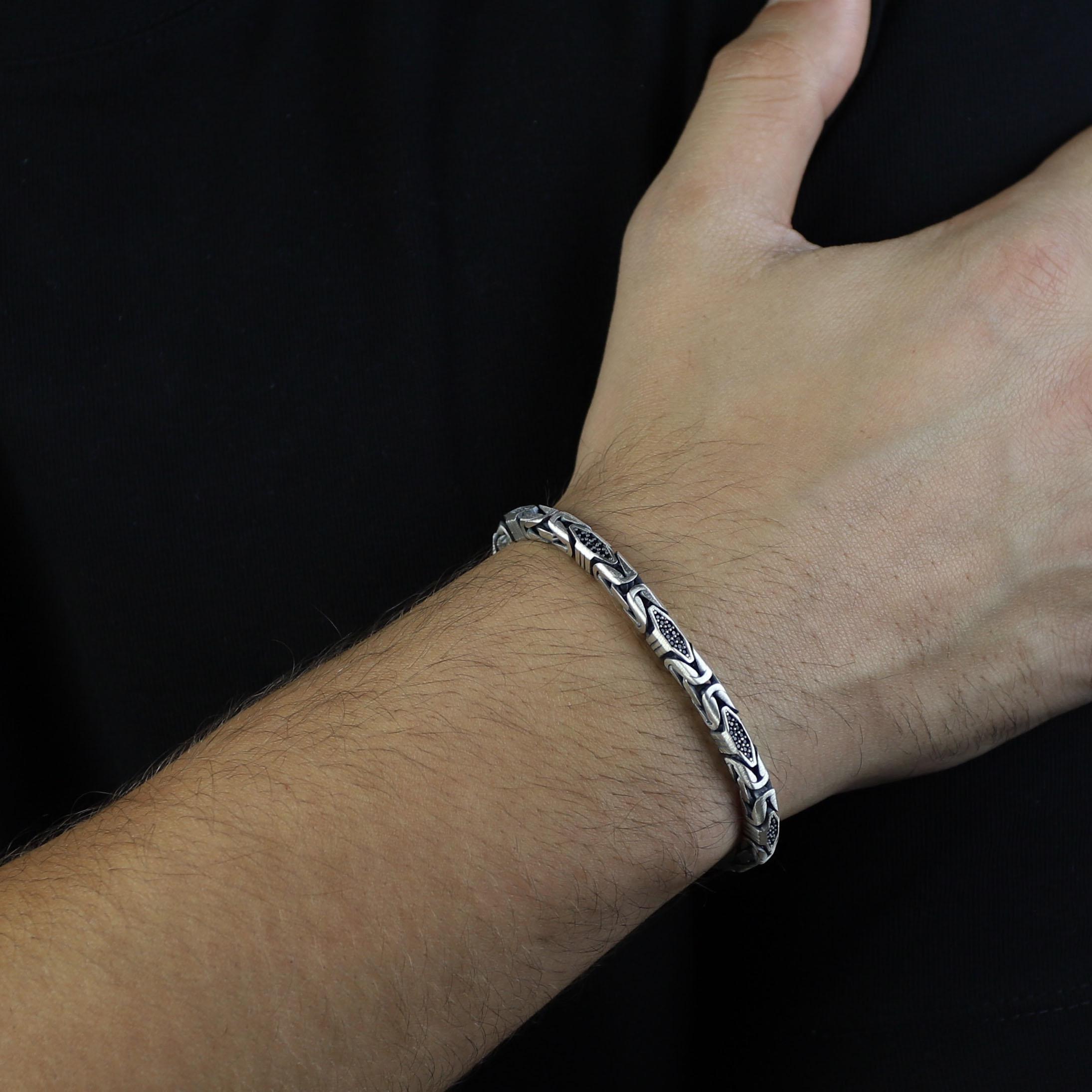 925 Sterling Silver Onyx King Chain Bracelet, Onyx Stone Byzantine