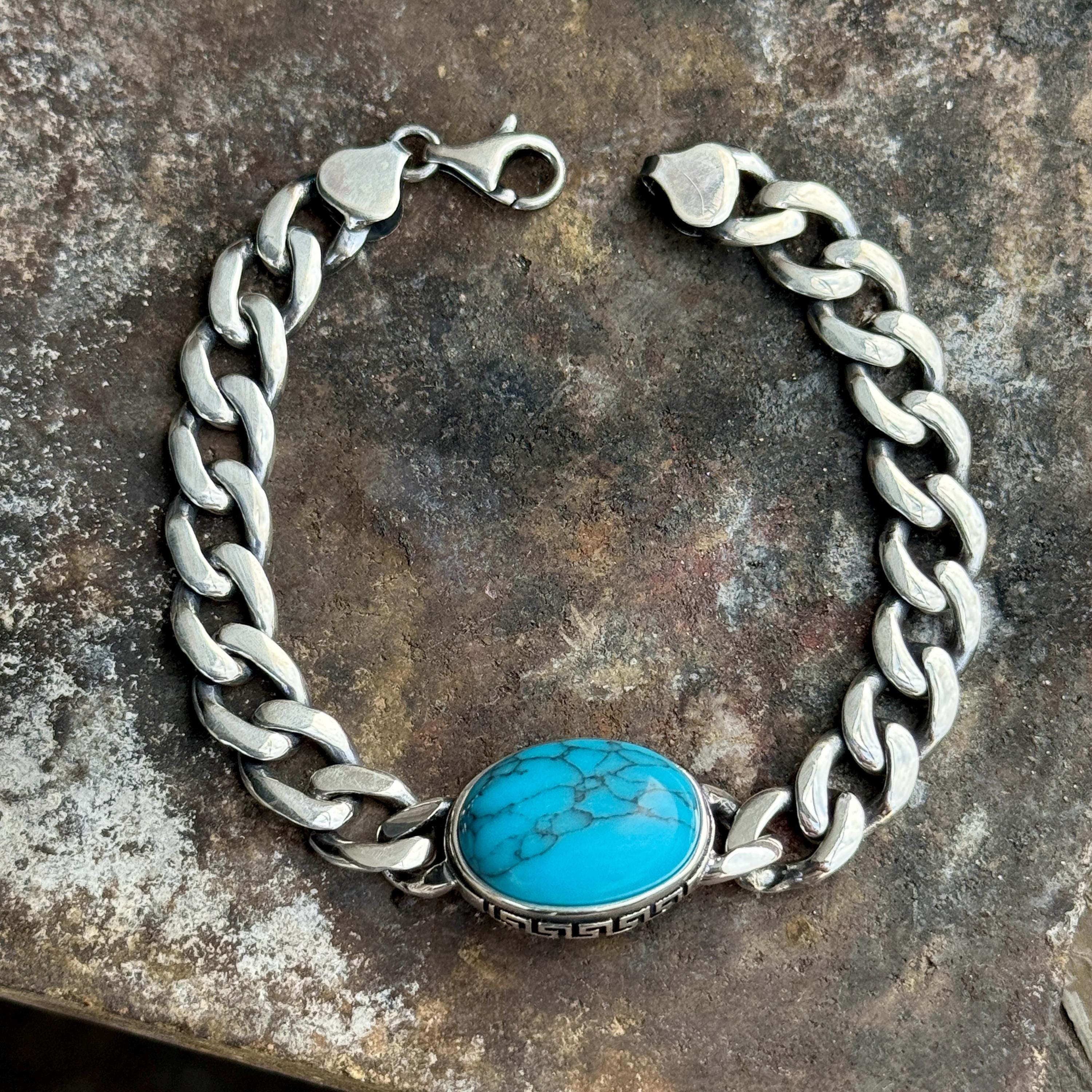 【本物】turquoise stone Silverブレスレット Men Silver Turquoise Chain Bracelet, 10MM Curb Chain Bracelet