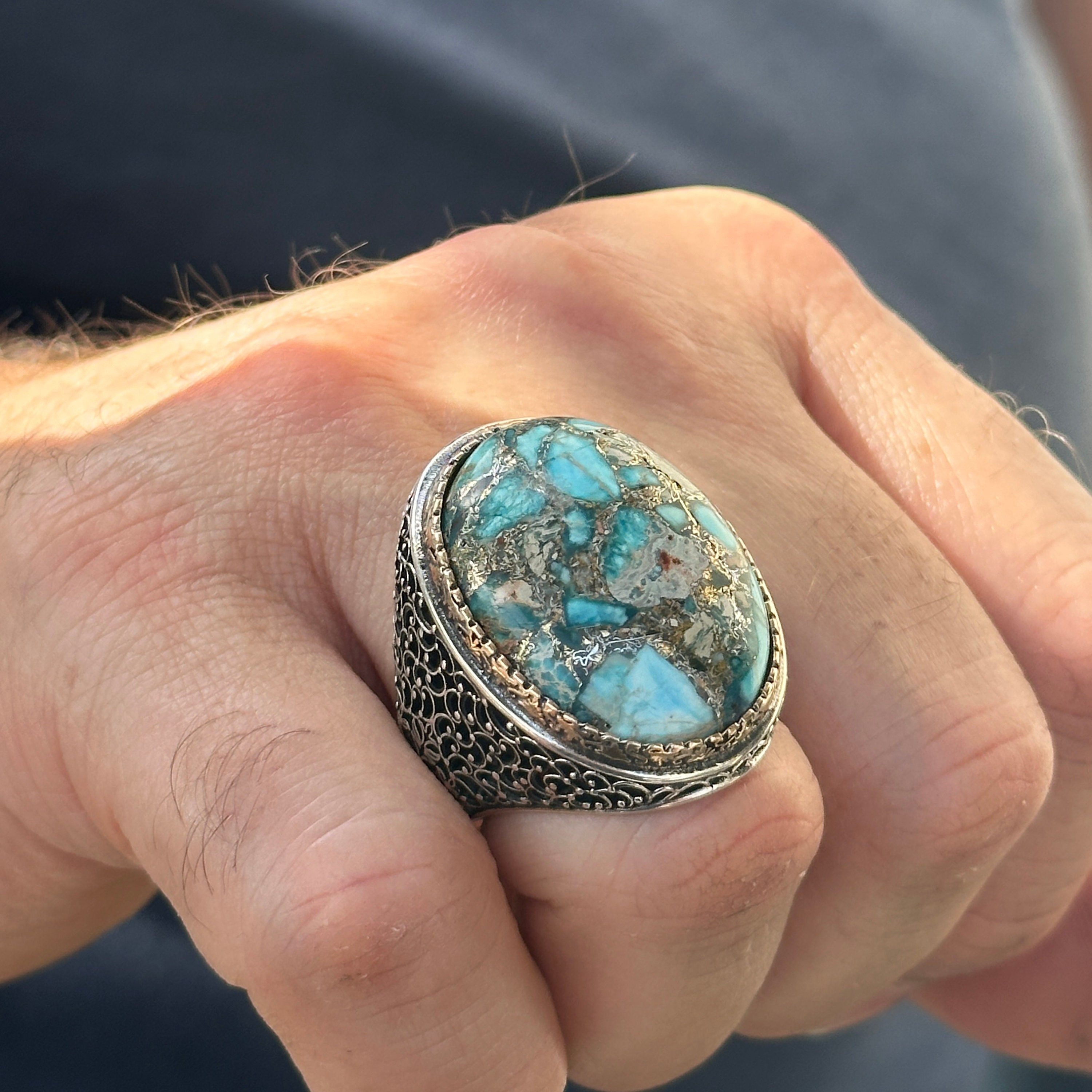 Anneaux Turquoise Vintage de Luxe Pierre Bleue Naturelle Turque Bague de Couronne Faite à la Main pour Hommes Femmes Religieux Islamique Bijoux
