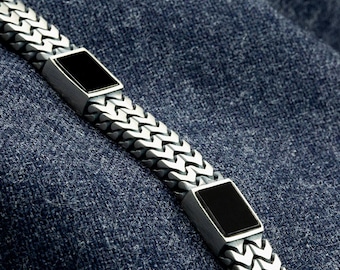 Zilveren vierkante onyx-steenarmband, onyxarmband met kinketting, 10 mm-schakelarmband, Cubaanse schakelarmband, cadeau voor mannen, vaderdagcadeau