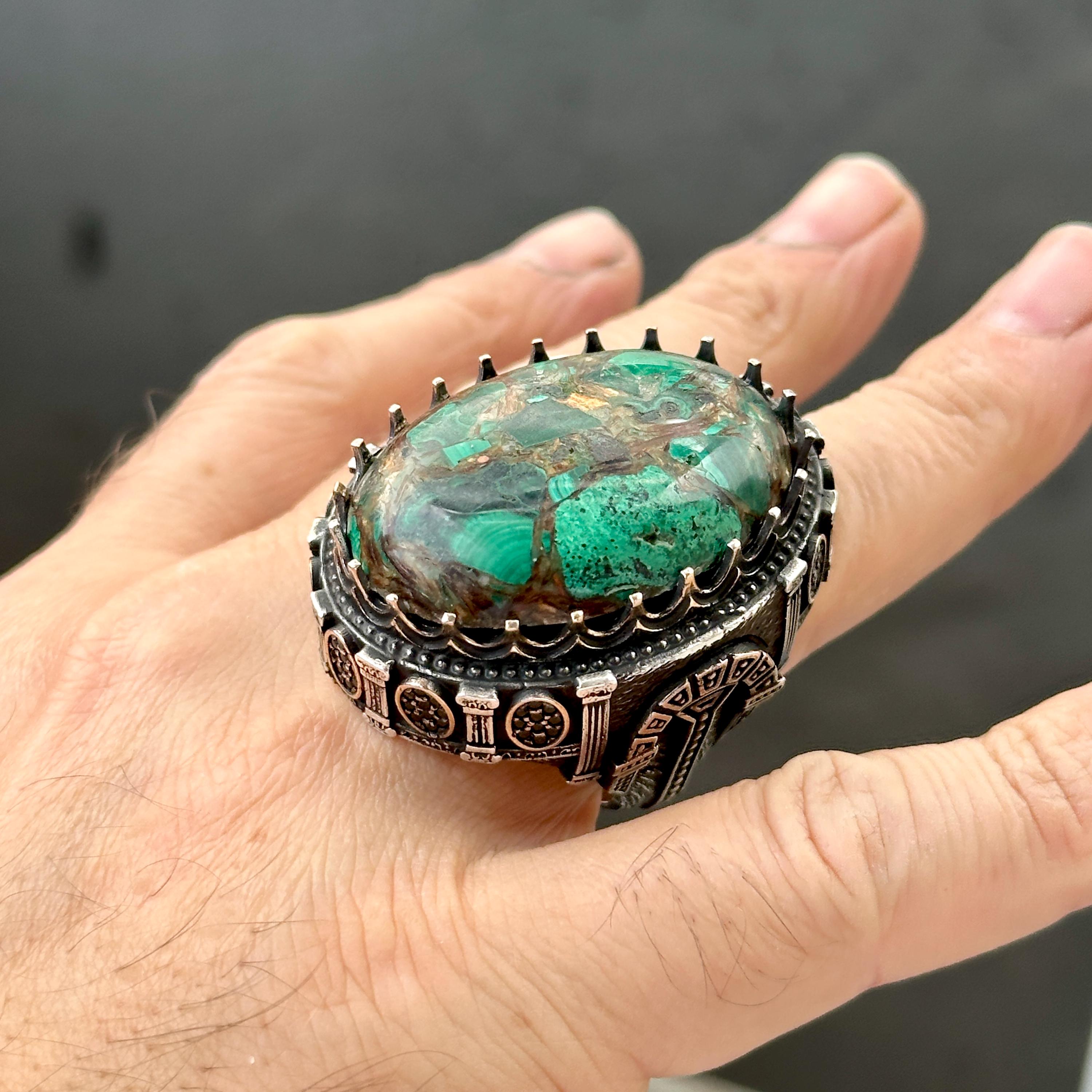 Silver Handmade Green Turquoise Ring, Large Multi Color Turquoise Ring ...