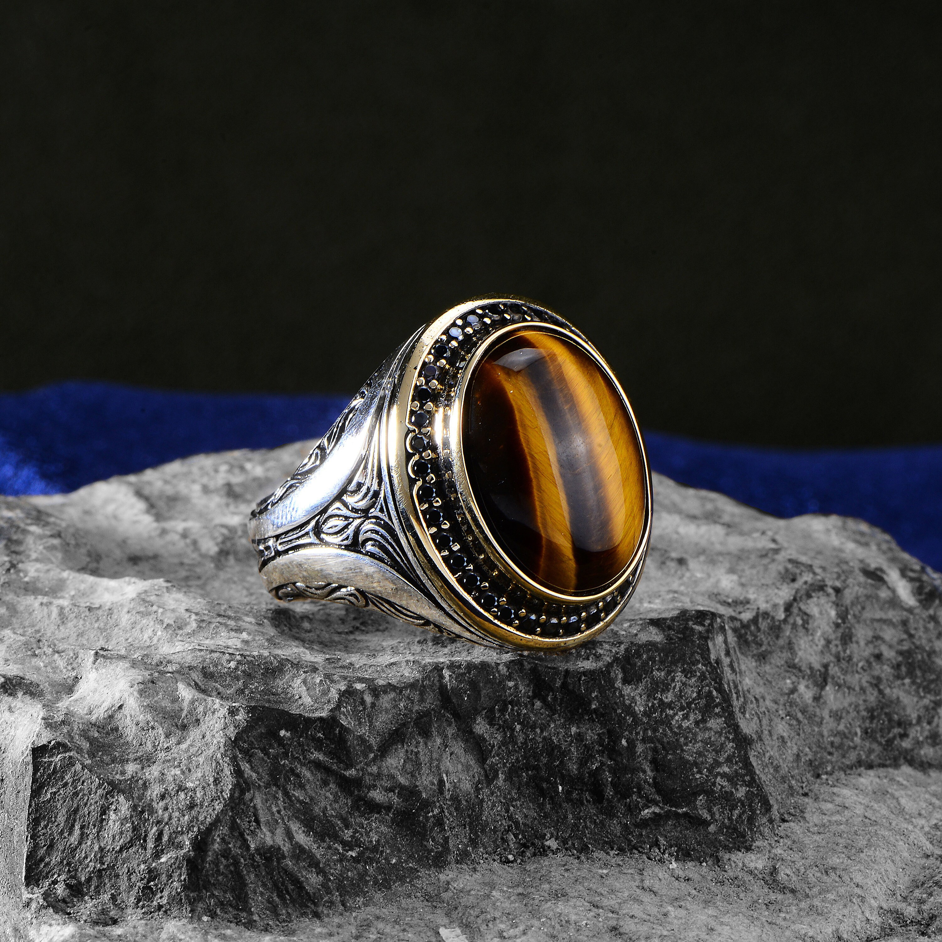 Men Handmade Tiger Eye Stone Ring , Natural Tiger Eye Gemstone