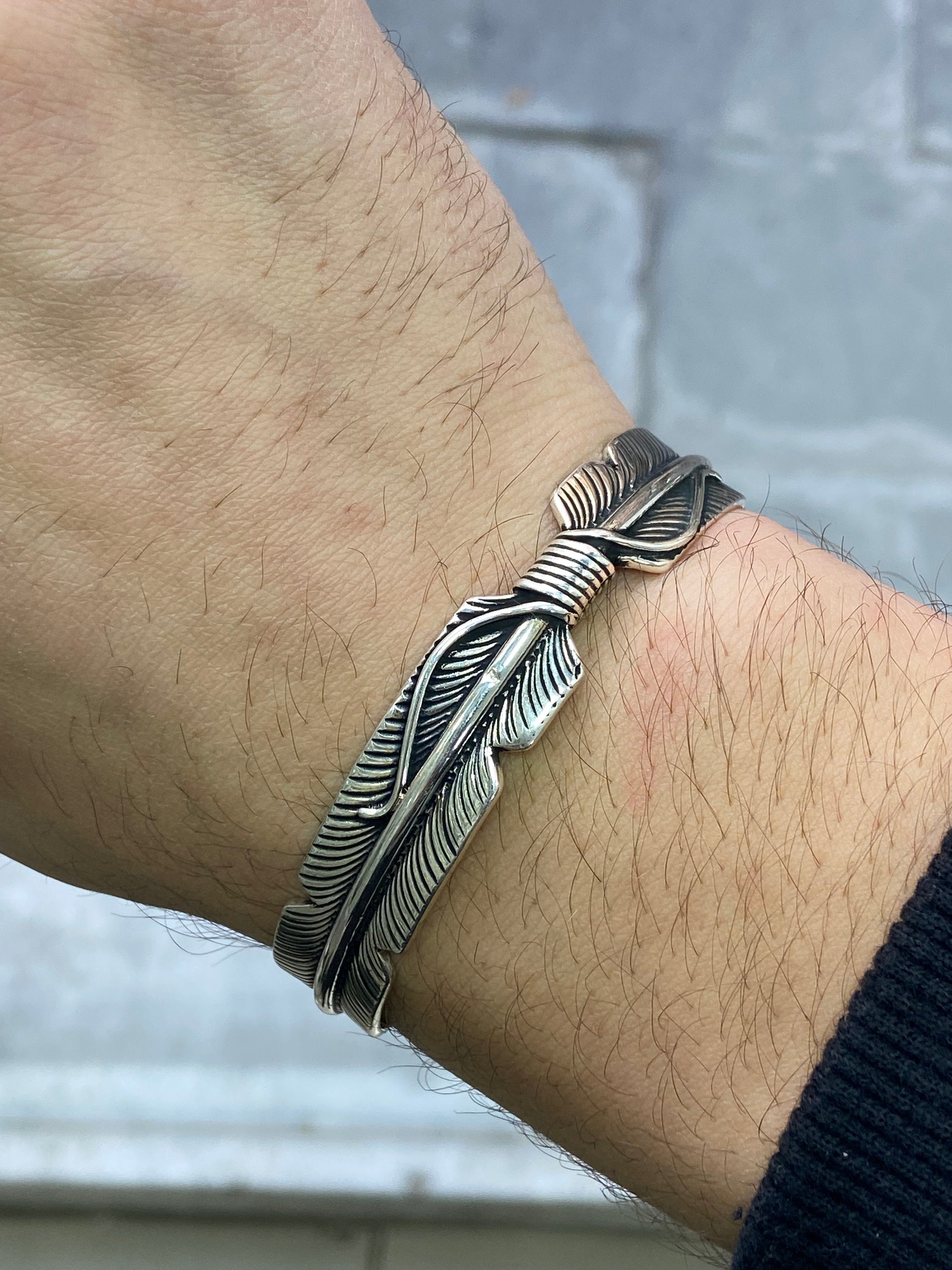 Silver Feather Cuff Bracelet , Man Handmade Silver Band