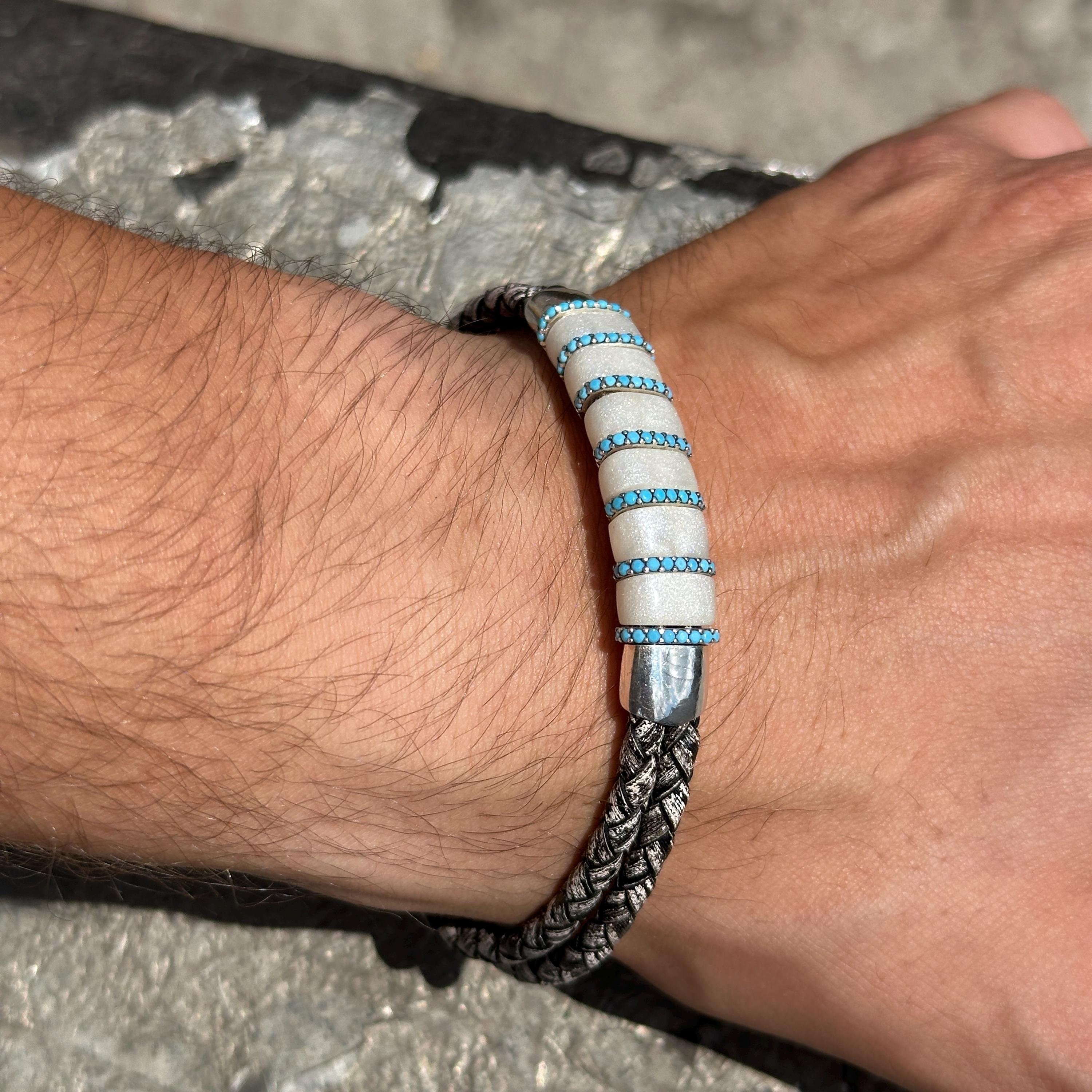Silver Leather Natural Mother of Pearl Bracelet, Turquoise Stone