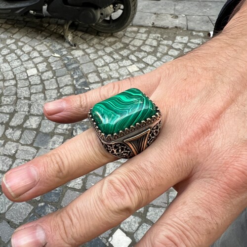 Silver Large Ring , Malachite Gemstone Ring , Turkish Handmade Ring , Embroidered Ring , Ottoman Jewelry , 925k Sterling shops Silver Ring