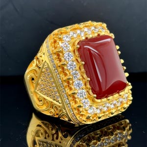 Large Gold Agate Ring, Turkish Handmade Red Agate Stone Ring, Carnelian Silver Natural Gemstone Ring , Husband Gift, 925k Sterling Silver