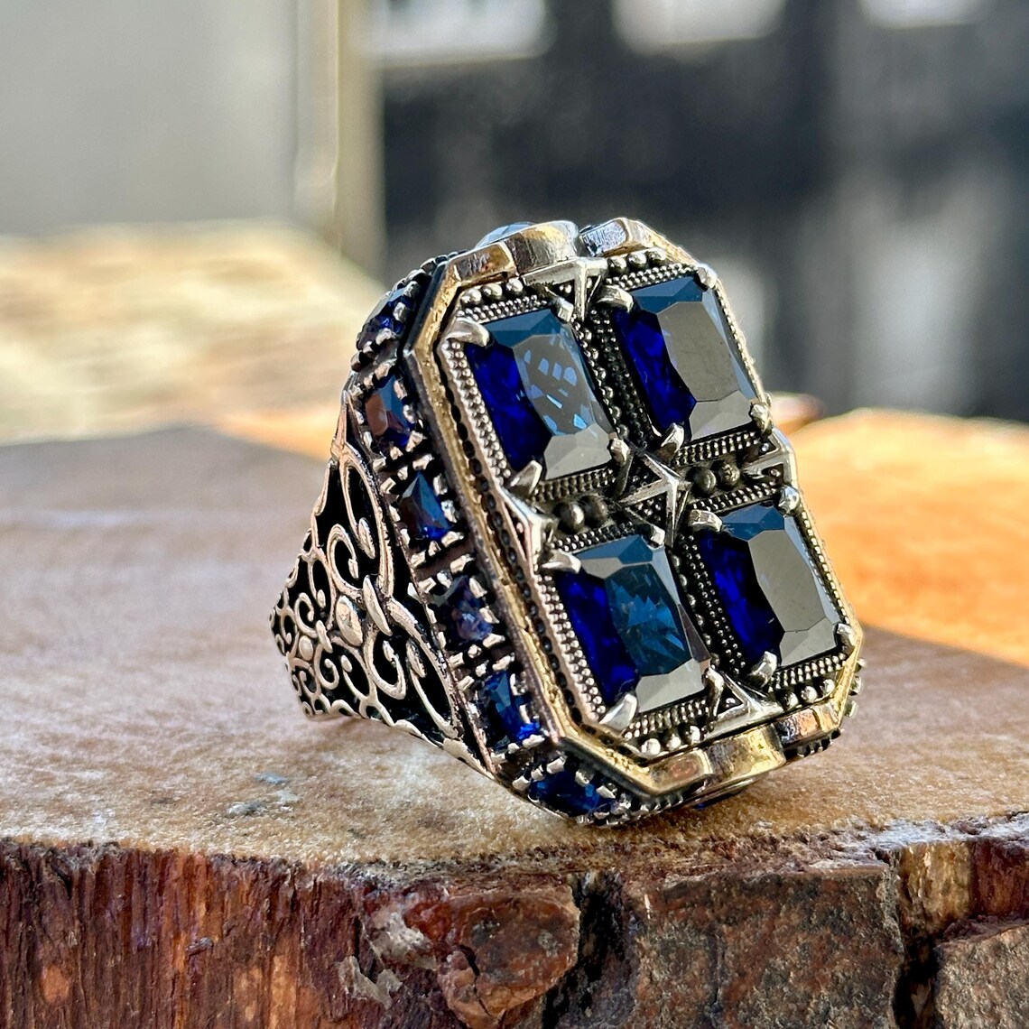 Unique Rings For Men Men's Sapphire Stone Ring , Large Unique Men Sapphire Ring, , Ottoman ...