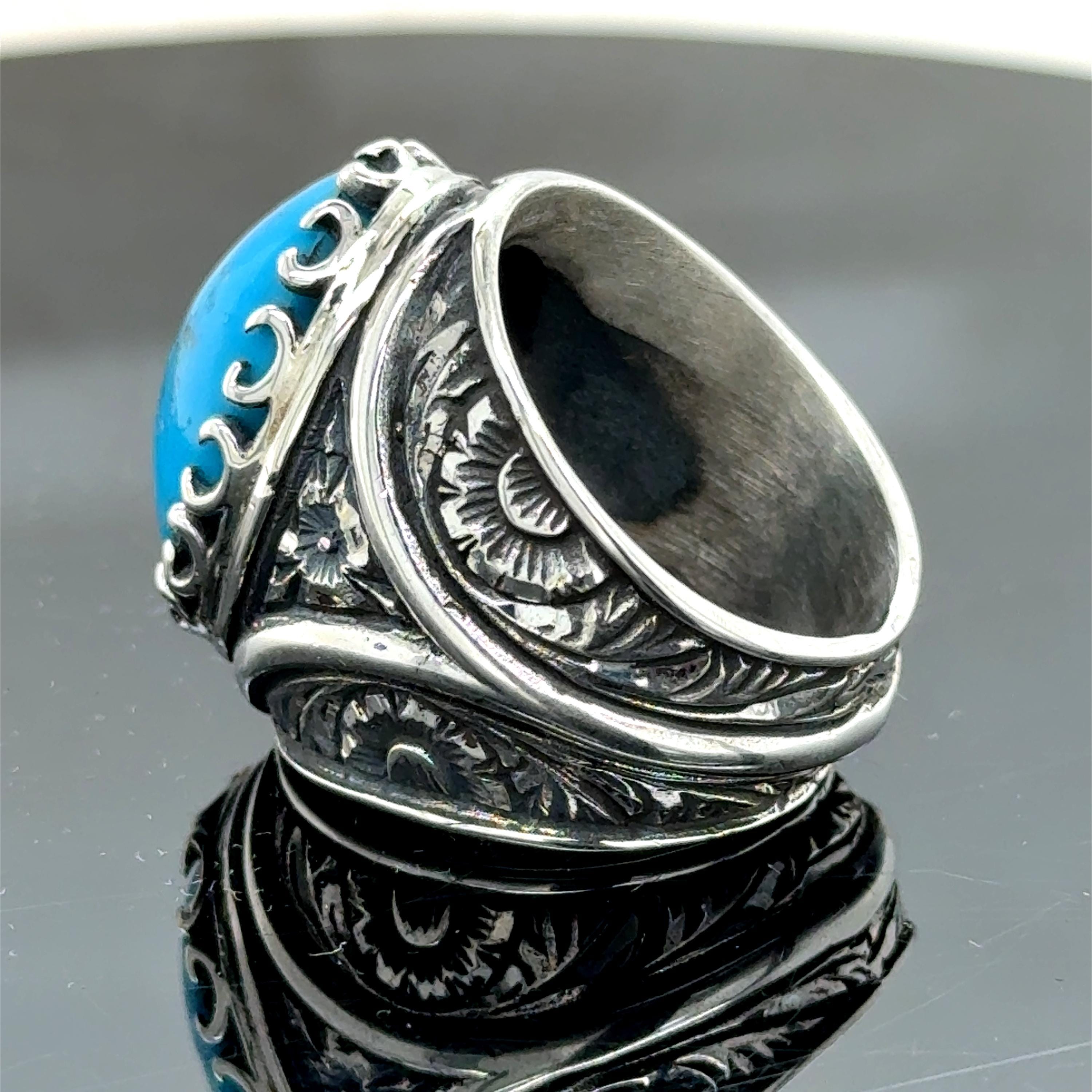 Silver Natural Turquoise Ring, Sterling Silver Engraved Men Ring