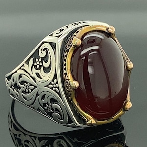 Mens Handmade Ring , Turkısh Handmade Red Agate Stone Ring, Dark Red Agate  Gemstone Ring , 925k Sterling Silver Ring ,Gift For Him