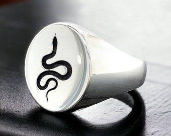 Silver Serpent Signet Ring , Unisex Snake Signet Ring , Snake Engraving Signet Ring , Oval Serpent Snake Ring , Gift For Him , Gift For Her