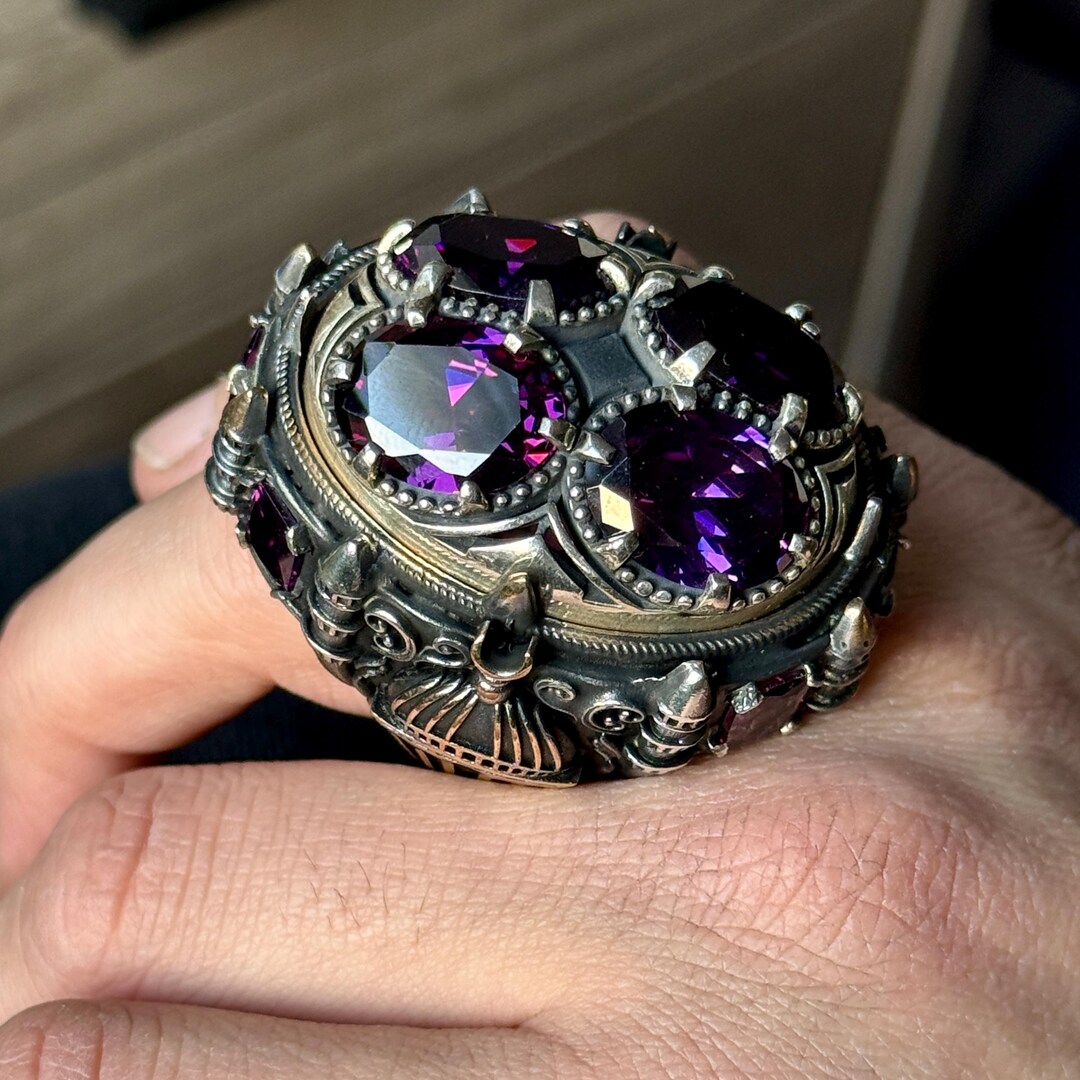 シルバーの大きなアメジスト宝石リング、イスラムのモスクのオスマン