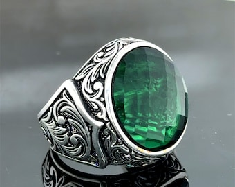 メンズシルバーグリーンストーンリング、メンズシルバーエメラルド