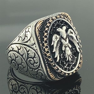 Man Handmade Ring , Silver Eagle Ring , Double Headed Eagle Ring , 925 Sterling Silver Handmade Men&#39;s Ring , Gift For Him